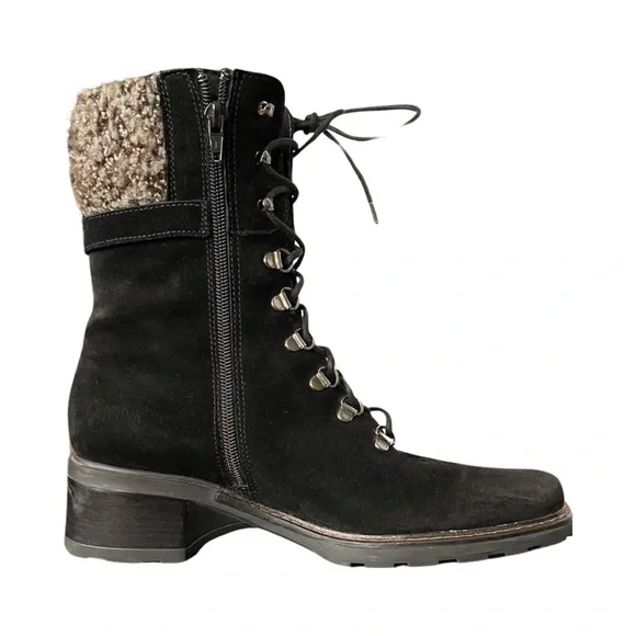 Aquatalia black suede, Lace Up, lug sole booties Moto Combat bouclé lined - Picture 11 of 12